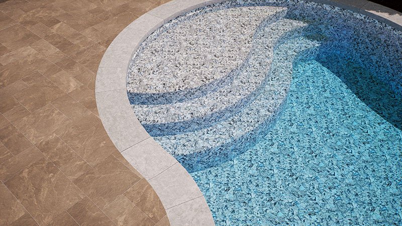 Fully custom vinyl-covered pool steps in a Kayden Glacier Bay liner